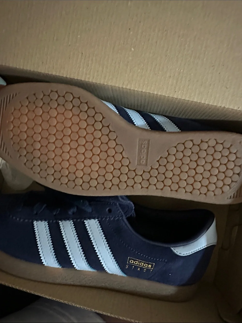 adidas Stadt Navy Suede Sneakers with light blue Stripes 8 Men 10.5 women